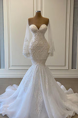 Wedding Dresses 2028, Long Mermaid Sweetheart Strapless Pearls Beadings Lace Wedding Dress with Sleeves