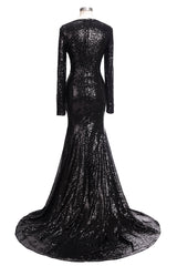 Sparklie Prom Dress, Long Mermaid V-Neck Black Sequins Prom Dresses with Sleeves