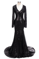 Plu Size Prom Dress, Long Mermaid V-Neck Black Sequins Prom Dresses with Sleeves