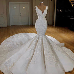 Wedding Dresses Online Shop, Long Mermaid V-neck Lace Wedding Dress