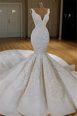 Wedding Dress Online Shopping, Long Mermaid V-neck Lace Wedding Dress