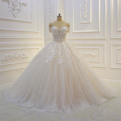 Wedding Dresses For Maids, Long Off the Shoulder Sweetheart Ball Gown Sequin Appliques Lace Wedding Dress