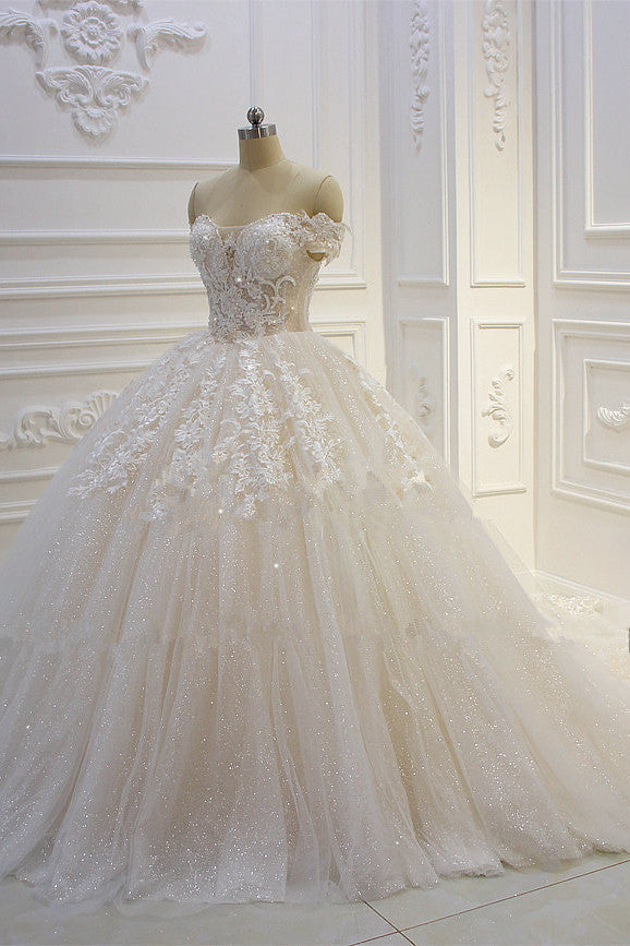Wedding Dress Southern, Long Off the Shoulder Sweetheart Ball Gown Sequin Appliques Lace Wedding Dress