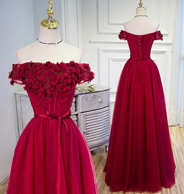 Formal Dresses Floral, Long Party Dress, Off Shoulder Dark Red Prom Dress