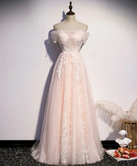 Spring Wedding Color, Long Pink Off Shoulder A-line Prom Dress with Lace, Sweetheart Evening Dress
