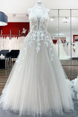 Weddings Dresses Lace Simple, Long Princess Tulle V Neck Sequins Lace Appliques Wedding Dress