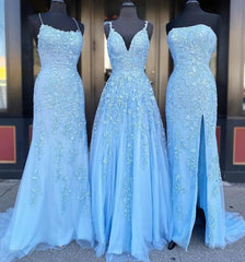 Fairytale Dress, Long Prom Dresses with Applique,8th Graduation Dress School Dance Sky Blue Formal Dresses