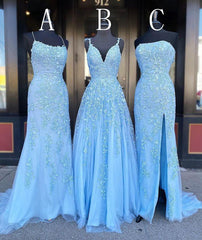 Sweet 22 Dress, Long Prom Dresses with Applique,8th Graduation Dress School Dance Sky Blue Formal Dresses