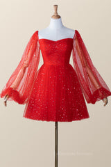 Prom Dresses Pieces, Long Puffy Sleeves Red Stars Mini Gown