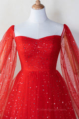 Prom Dresses For Short People, Long Puffy Sleeves Red Stars Mini Gown