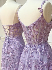 Bridesmaid Dress With Lace, Long Purple Lace Prom Dresses,Unique A Line Formal Evening Dress