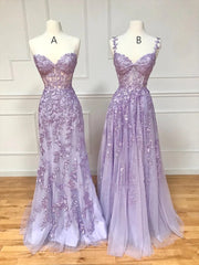 Bridesmaids Dresses Mismatched Fall, Long Purple Lace Prom Dresses,Unique A Line Formal Evening Dress