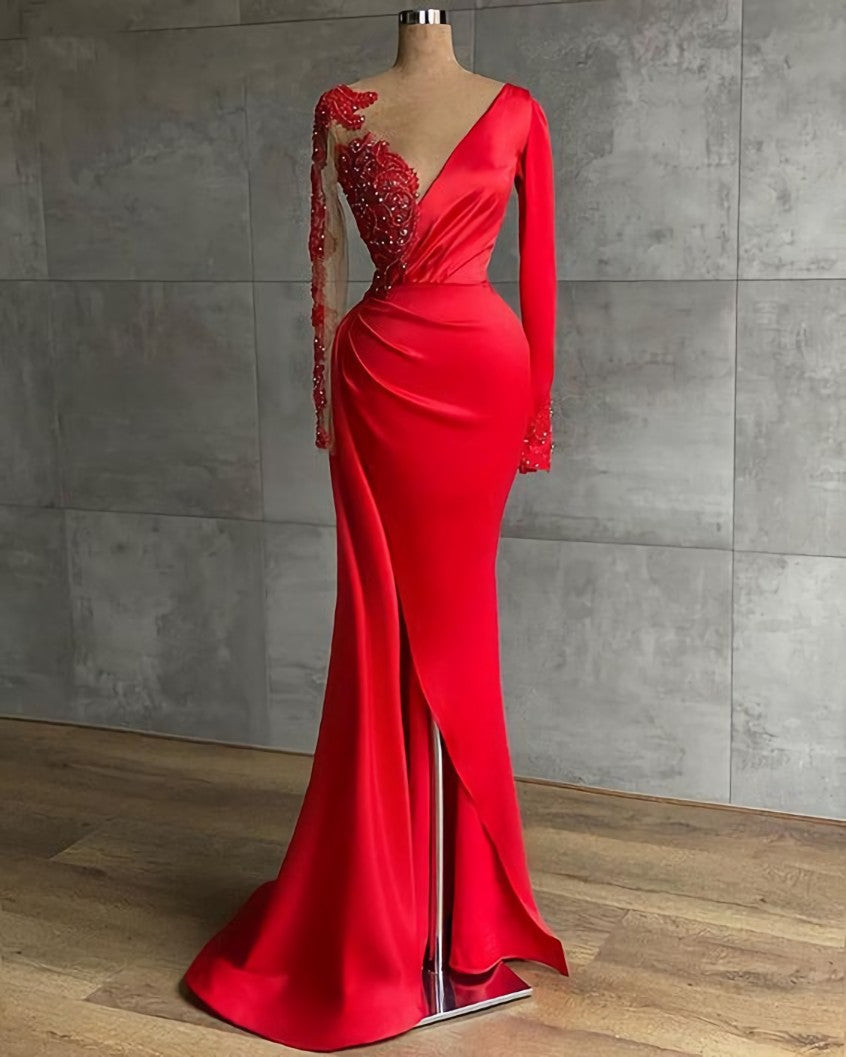 Party Dresses Shops, Long Red Satin Evening Dresses, Sheer Neckline Long Sleeve Beaded African High Slit Women Formal Prom Dress