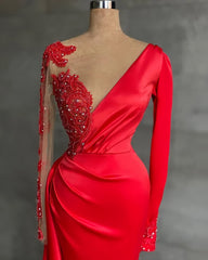 Party Dresses Shop, Long Red Satin Evening Dresses, Sheer Neckline Long Sleeve Beaded African High Slit Women Formal Prom Dress