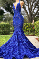 Bridesmaid Dresses Spring, Long Royal Blue Mermaid Prom Dresses V Neck Open Backs