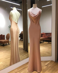 Prom Dresses With Long Sleeves, Long Satin Draped Top Sheath Prom Dresses Backless Mermaid Gowns