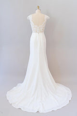 Wedding Dresses With Straps, Long Sheath  Illusion Lace Wedding Dress with Cap Sleeve