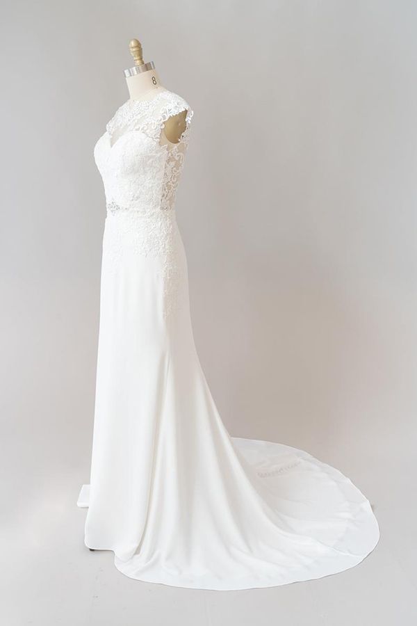 Wedding Dresses Lace Tulle, Long Sheath  Illusion Lace Wedding Dress with Cap Sleeve