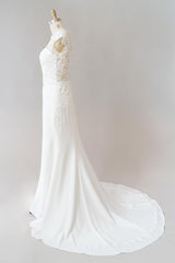 Wedding Dress Simple Lace, Long Sheath  Illusion Lace Wedding Dress with Cap Sleeve