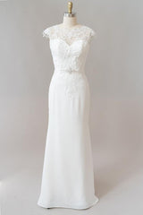 Wedding Dress With Strap, Long Sheath  Illusion Lace Wedding Dress with Cap Sleeve