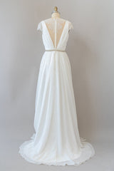 Wedding Dress Backs, Long Sheath V-neck Lace Chiffon Wedding Dress with Cap Sleeves