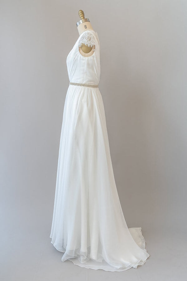 Wedding Dress Perfect For Summer, Long Sheath V-neck Lace Chiffon Wedding Dress with Cap Sleeves