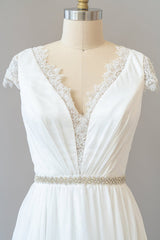 Wedding Dress Bridesmaids, Long Sheath V-neck Lace Chiffon Wedding Dress with Cap Sleeves