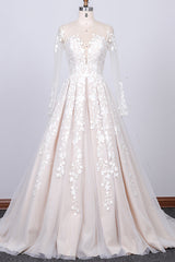 Wedding Dress Elegant Simple, Long Sleeve Appliques Lace Tulle A-line Wedding Dress