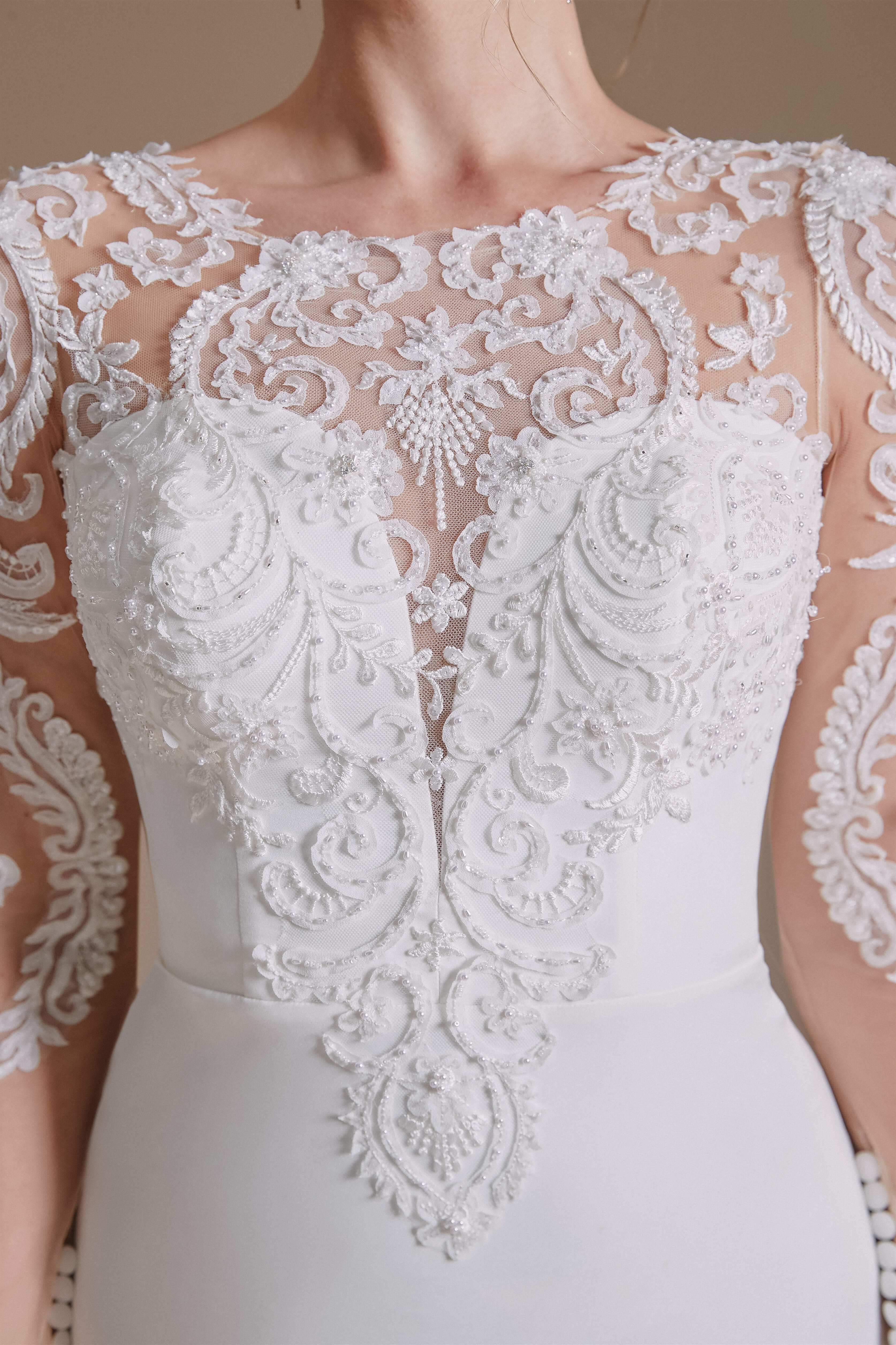 Evening Dress Wedding, Long Sleeve Beaded French 3D Floral Lace Fishtail Elegant Bridal dresses