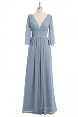 Club Outfit, Long Sleeve Empire Dusty Blue Long Bridesmaid Dress