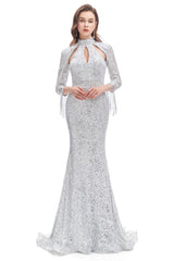 Prom Dress Long Quinceanera Dresses Tulle Formal Evening Gowns, Long Sleeve Mermaid Prom Dresses Silver Sequins Trumpet