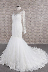 Wedding Dresses Price, Long Sleeve Mermaid Sweetheart Appliques Lace Backless Wedding Dress