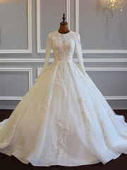 Wedding Dress Uk, Long Sleeved Ball Gown Satin Wedding Dresses With Lace Flowers
