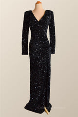 Party Dress Sleeves, Long Sleeves Black Sequin Fitted Long Party Dress