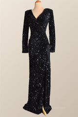Party Dresses Sleeves, Long Sleeves Black Sequin Fitted Long Party Dress
