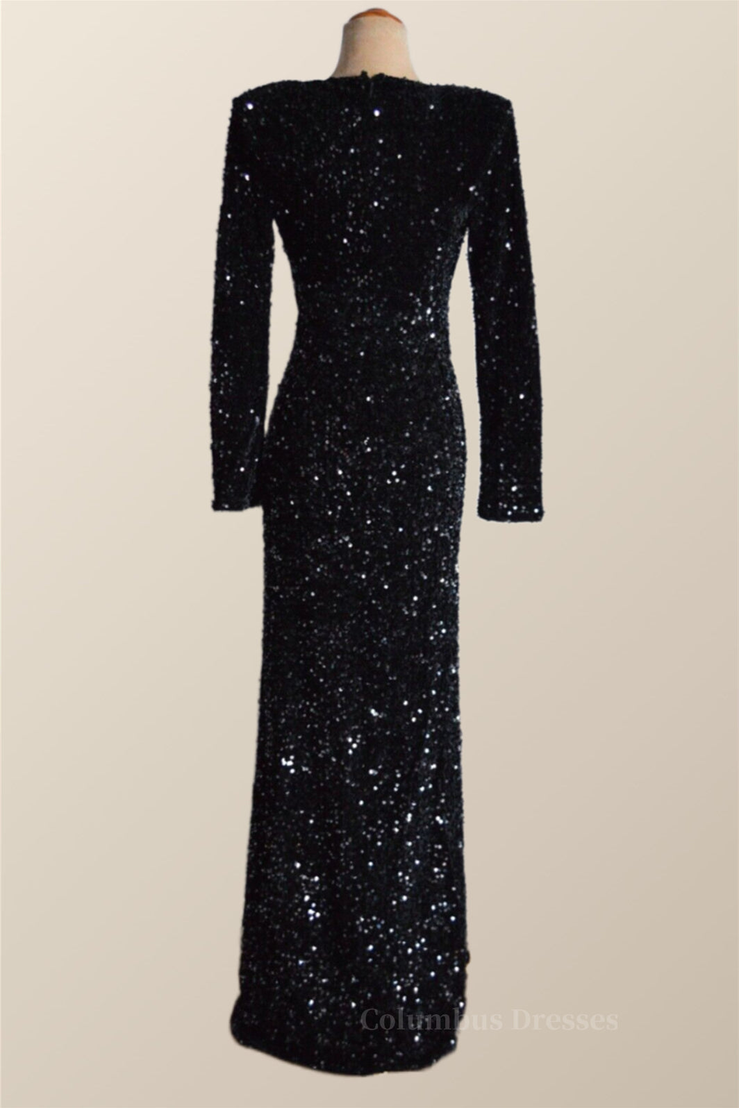 Party Dress Sleeve, Long Sleeves Black Sequin Fitted Long Party Dress