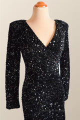 Party Dress With Sleeves, Long Sleeves Black Sequin Fitted Long Party Dress