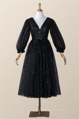 Prom Dress Glitter, Long Sleeves Black Starry Tulle Midi Dress