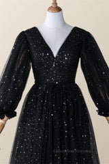 Prom Dresses Long With Slit, Long Sleeves Black Starry Tulle Midi Dress
