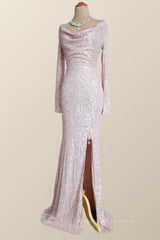 Party Dress Brands Usa, Long Sleeves Champagne Sequin Cowl Neck Dress