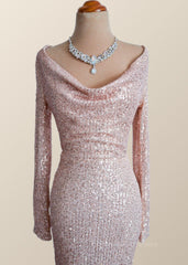 Party Dress Pinterest, Long Sleeves Champagne Sequin Cowl Neck Dress