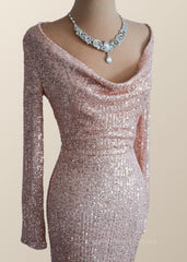 Party Dress Prom, Long Sleeves Champagne Sequin Cowl Neck Dress