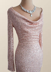 Party Dresses Prom, Long Sleeves Champagne Sequin Cowl Neck Dress