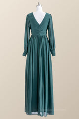 Ethereal Dress, Long Sleeves Green Color Empire Long Dress