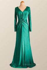 Party Dresses Classy, Long Sleeves Green Knotted Front Gown