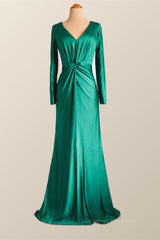 Party Dresses For 55 Year Olds, Long Sleeves Green Knotted Front Gown