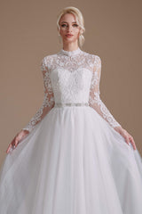 Wedding Dress Costs, Long Sleeves High Neck with Tulle Train Full A-Line Wedding Dresses