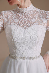 Wedding Dresses Cost, Long Sleeves High Neck with Tulle Train Full A-Line Wedding Dresses