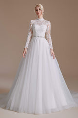 Wedding Dress Shoes, Long Sleeves High Neck with Tulle Train Full A-Line Wedding Dresses
