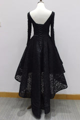 Glam Dress, Long Sleeves Lace High Low Party Dress , Beaded Black Evening Dress